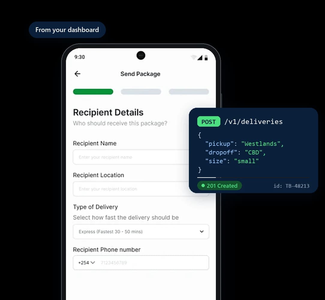 Step 1, Create: The TumaBoda app's Send Package form, and the same delivery created through the API with POST /v1/deliveries